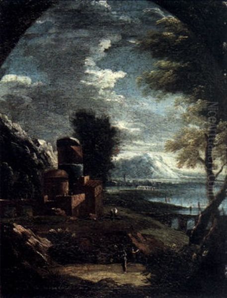 A Capriccio Landscape With Ruins By A Lake And Figures In The Foreground - view 1