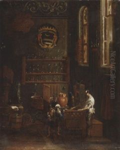 Children At A Pharmacist With A Coat-of-arms Displayed On The Far Wall