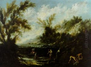 A Mountainous River Landscape With A Capuchin Friar And Travelling Attendants by Alessandro Magnasco