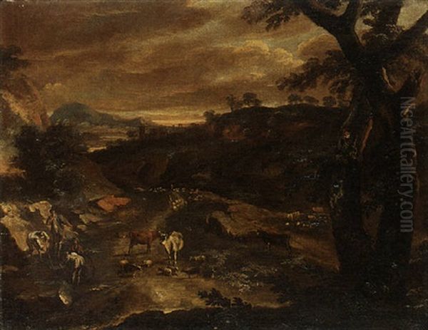 A Wooded Landscape With Peasants, Cattle And Sheep - view 1