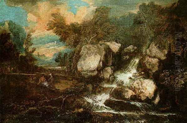 A Mountainous Landscape With Figures Resting By A Waterfall - view 1