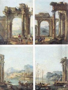 Italienske Prospekt Med Sceneri Af Ruiner, Figurer Og Havnemotiv
