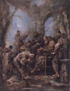 Franciscan Monks Before The Abbot Amongst Ruins by Alessandro Magnasco