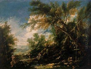 A Wooded River Landscape With Monks At Prayer by Alessandro Magnasco