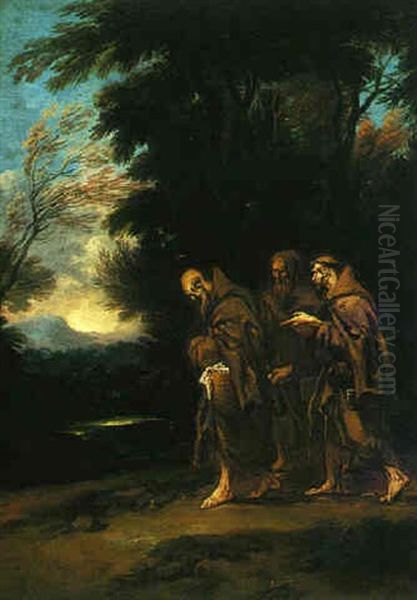 Three Monks Walking In A Landscape - view 1