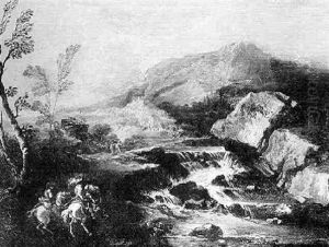 Gebirgige Landschaft Mit Wildbach Und Herrschaftlichen Reitern Im Abendlicht by Alessandro Magnasco
