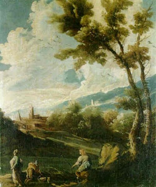 A Wooded River Landscape With An Angler And Two Washerwomen - view 1