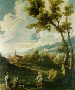A Wooded River Landscape With An Angler And Two Washerwomen by Alessandro Magnasco