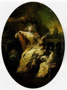 A Nun At Her Dressing Table With A Spaniel On A Chair Beside Her by Alessandro Magnasco