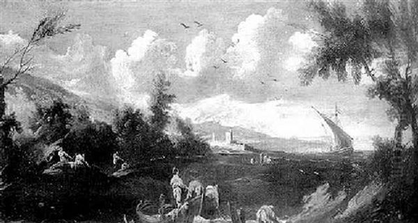A Mediterranean Coastline With Fishermen By A Boat - view 1