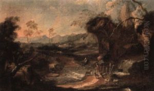 An Italianate River Landscape With The Rest On The Flight Into Egypt by Alessandro Magnasco