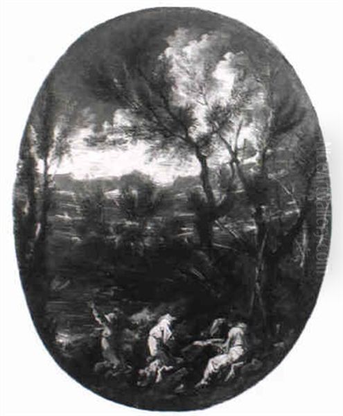 Bergige Waldlandschaft Mit Monchen Bei Der Andacht - view 1