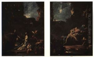 Figurlige Scenerier. Pulcinella Og Colmobina Samt Kn+lende Figur by Alessandro Magnasco
