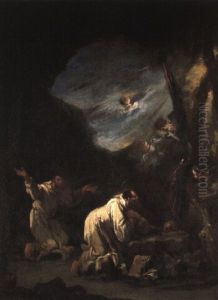 Carthusian Monks Praying At A Wayside Shrine by Alessandro Magnasco