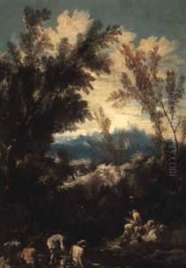 River Landscape With Monks And Other Figures by Alessandro Magnasco