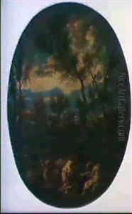 Bergige Waldlandschaft Mit Monchen Bei Der Andacht Vorn by Alessandro Magnasco