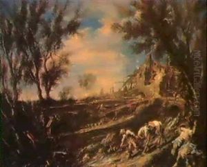 Paesaggio Con Un Cavaliere Lungo Un Torrente E Una Pastorella Seduta Sotto Un Albero by Alessandro Magnasco