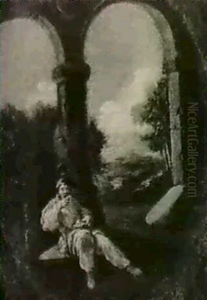 Pulcinello Seated In An Arcade Eating A Bowl Of Pasta, A Landscape Beyond - view 1