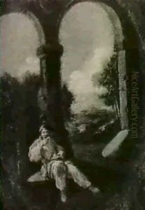 Pulcinello Seated In An Arcade Eating A Bowl Of Pasta, A    Landscape Beyond by Alessandro Magnasco