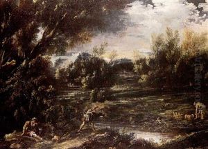 Wooded River Landscape With Hunters And Washerwoman Wooded River Landscape With Hunters And Washerwoman