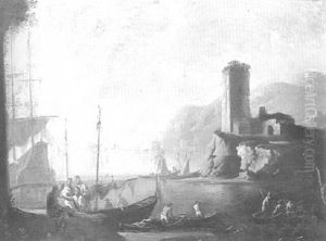 A Capriccio Of A Mediterranean Harbour With Fishermen And A Castle Ruin On A Hilltop Beyond A Capriccio Of A Mediterranean Harbour With Fishermen And A Castle Ruin On A Hilltop Beyond