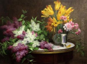 Still Life Of Flowers On A Table Top by Desire Alfred Magne