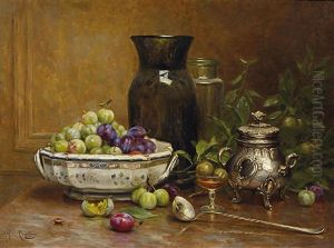 Stillleben Mit Einer Schale Pflaumen Und Einer Silberdose by Desire Alfred Magne