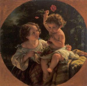 Zwei Kinder Mit Blumen Spielend by Eduard Magnus