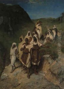 Convoi De Moissonneurs Dans Un Defile De L'atlas by Jules Edouard de Magy