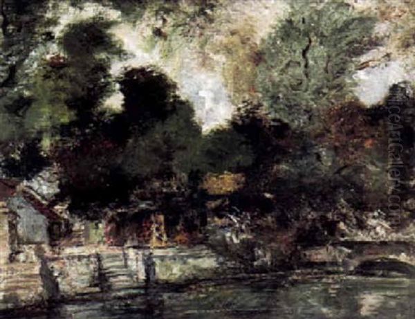 Herbstliche Fluslandschaft Mit Steinerner Bogenbrucke, Ufermauer Und Hausern Zwischen Herbstlich Verfarbten Baumen - view 1
