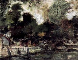 Herbstliche Fluslandschaft Mit Steinerner Bogenbrucke, Ufermauer Und Hausern Zwischen Herbstlich Verfarbten Baumen by Gusztav Magyar Mannheimer