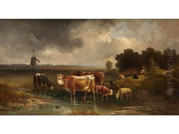 Rinder, Schafe Und Hirte In Einer Landschaft - view 1