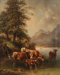 Reitender Hirte Mit Kuhen An See Reitender Hirte Mit Kuhen An See