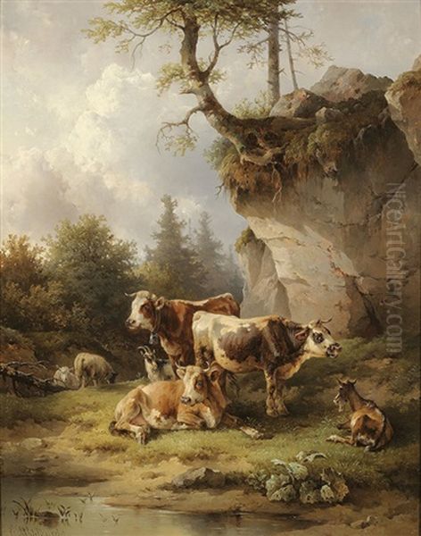 Cows, Goats And Sheep By A Brook - view 1