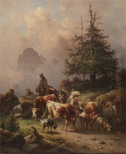 Driving The Cattle Down From The Alpine Pastures - view 1