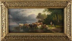 Kuhe Am See Mit Figurenstaffage by Edmund Mahlknecht
