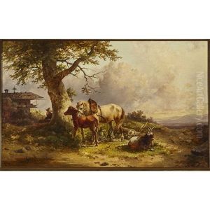 Two Horses And A Goat With Herder Fishing Nearby