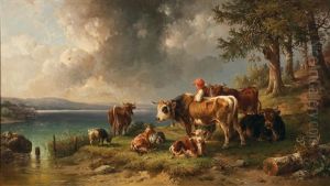 Herd Of Cattle With Herdswoman By The Lakeshore