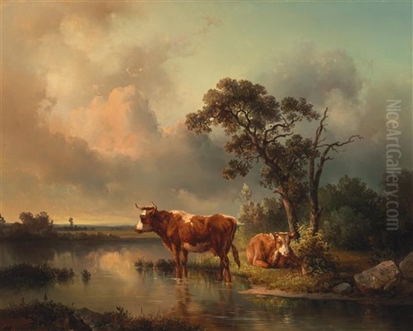 Cows Resting By The Pond - view 1