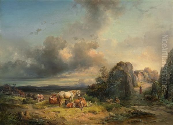 Tierherde Vor Weitem Landschaftshintergrund - view 1