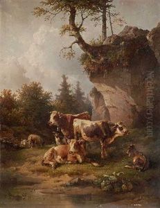 Kuhe, Ziegen Und Schafe Am Bachufer by Edmund Mahlknecht
