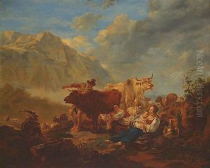 Familie Mit Weidevieh Auf Der Hochalm