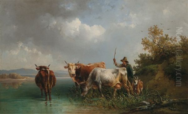Kuhe Mit Hirte Am Flussufer - view 1