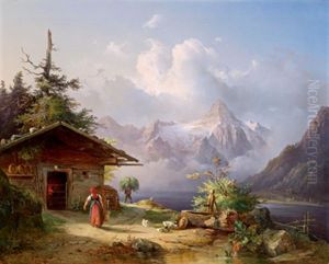 Blick Auf Den Dachstein, Im Vordergrund Hutte Und Figurliche Staffage