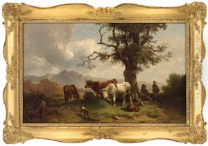 Rast Unter Alter Eiche Mit Ochsengespann, Ziege, Pferd Und Hund
