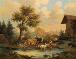 Weidevieh Mit Hirten An Der Tranke Weidevieh Mit Hirten An Der Tranke