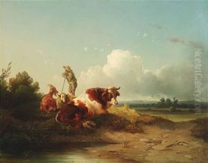 Kuh, Ziege Und Schaf Ruhend, Von Ihrem Hirten Bewacht (+ Kuh, Ziege Und Widder Auf Einer Wolkenverhangenen Anhohe, Oil On Cardboard; Pair) by Edmund Mahlknecht