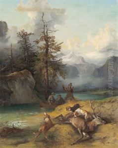 Jagdhunde Und Jager Bei Einem Erlegten Hirsch, Im Hintergrund Der Dachstein by Edmund Mahlknecht
