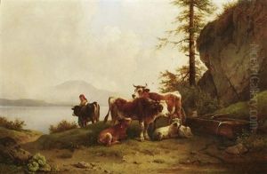 An Der Tranke: Hirtin Und Vieh Am Ufer Eines Bergsees An Der Tranke: Hirtin Und Vieh Am Ufer Eines Bergsees