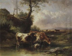 Landschaft Mit Rindern Und Einer Ziege Am Wasser Landschaft Mit Rindern Und Einer Ziege Am Wasser